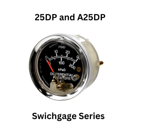 Image of a pressure gauge labeled '25d' and 'aa25dp,' from the FW Murphy 25DP/A25DP Swichgage Series